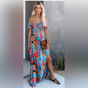 Vici Aakaa Put it in Print Vibrant Floral Off-Shoulder Smocked Maxi Dress